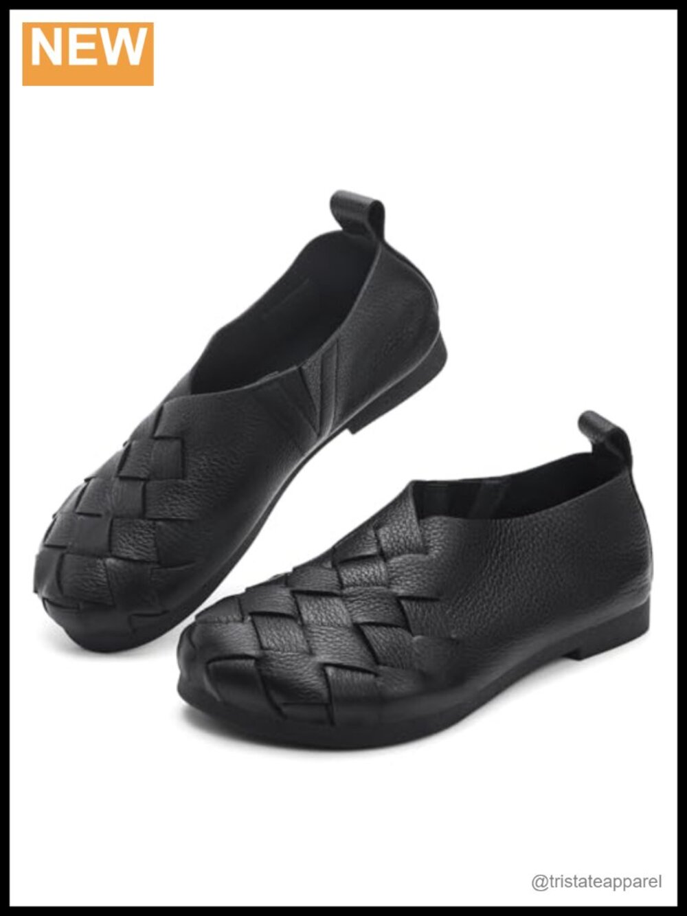 Women's Soft Leather Flats Loafers Weave Stacked Heel Mary Jane Shoes